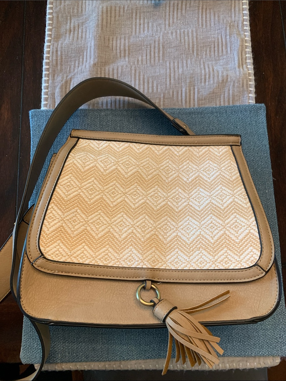Neutral Woven-Front Crossbody Bag with Tassel Accent
